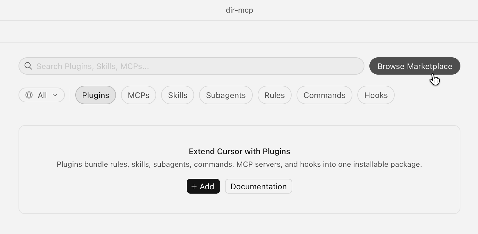 Cursor Plugins panel with the Browse Marketplace button