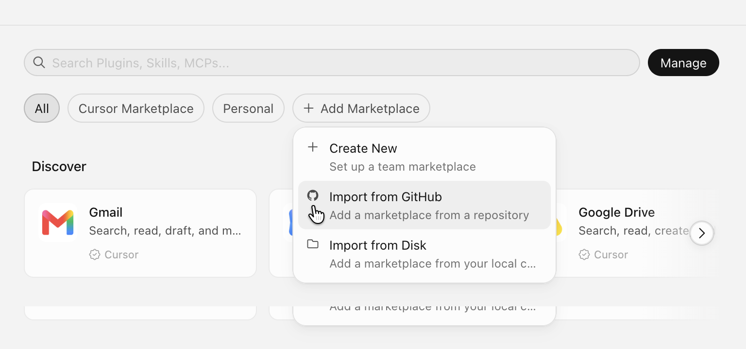 Add Marketplace menu with the Import from GitHub option