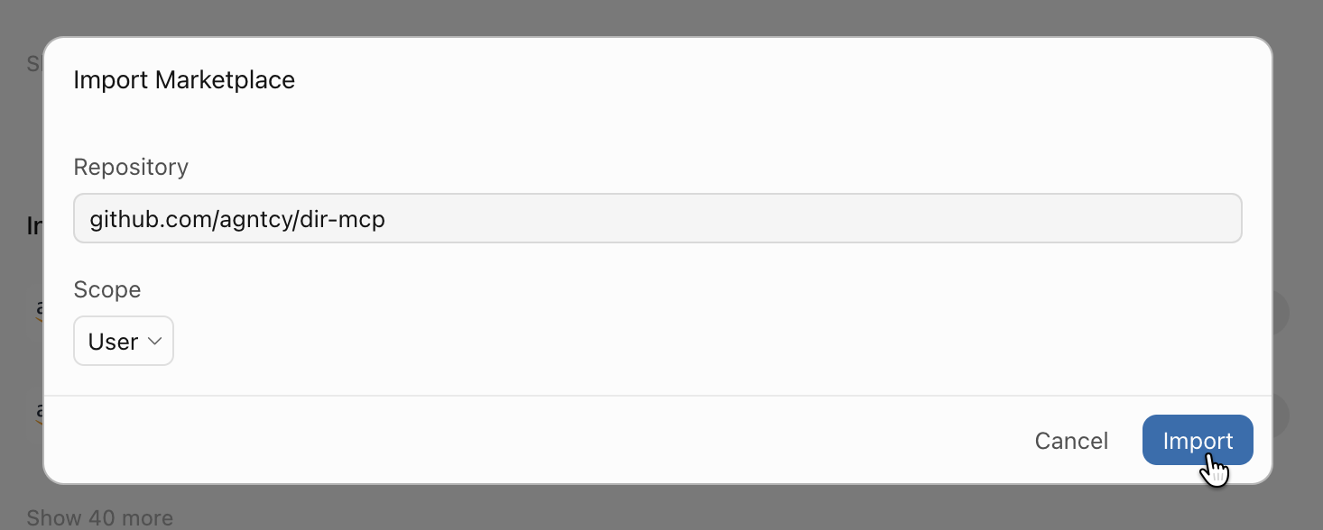 Import Marketplace dialog pointed at the dir-mcp repository