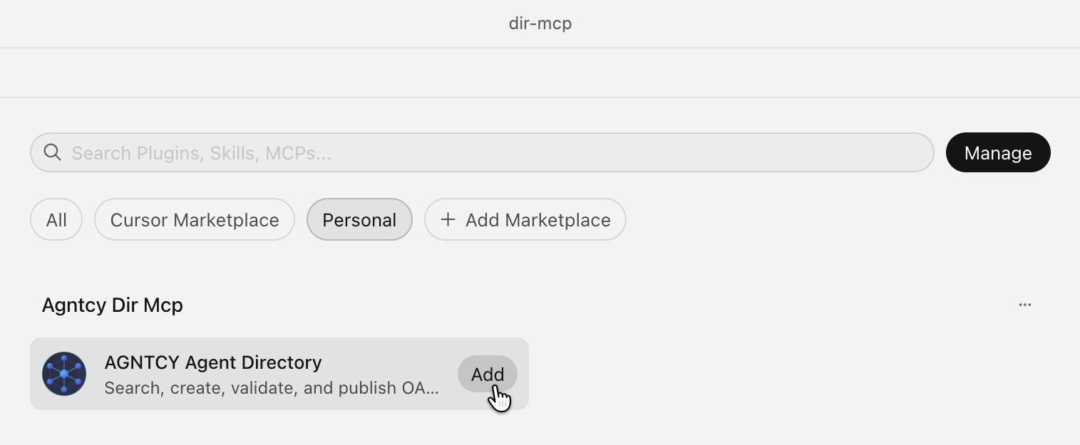Personal marketplace listing the AGNTCY Agent Directory plugin