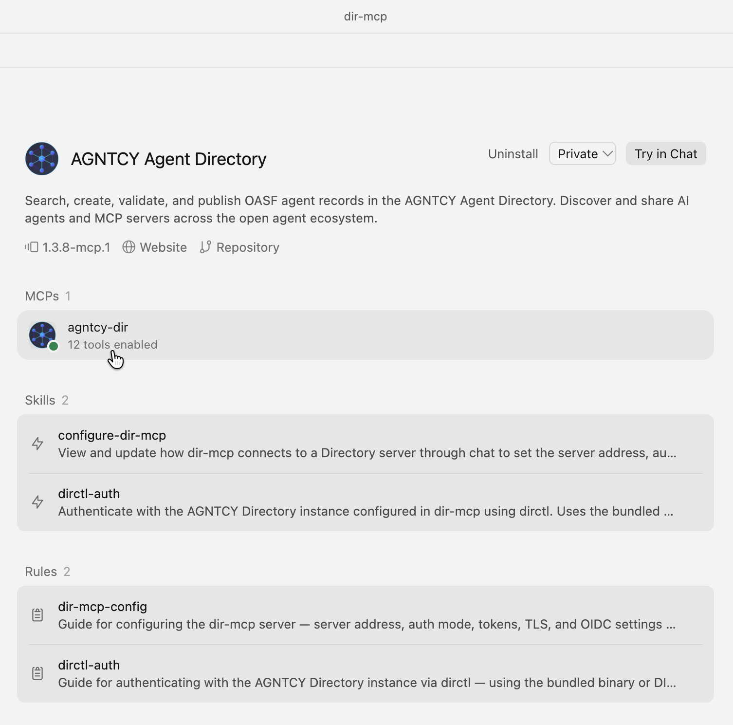 AGNTCY Agent Directory plugin details page in Cursor